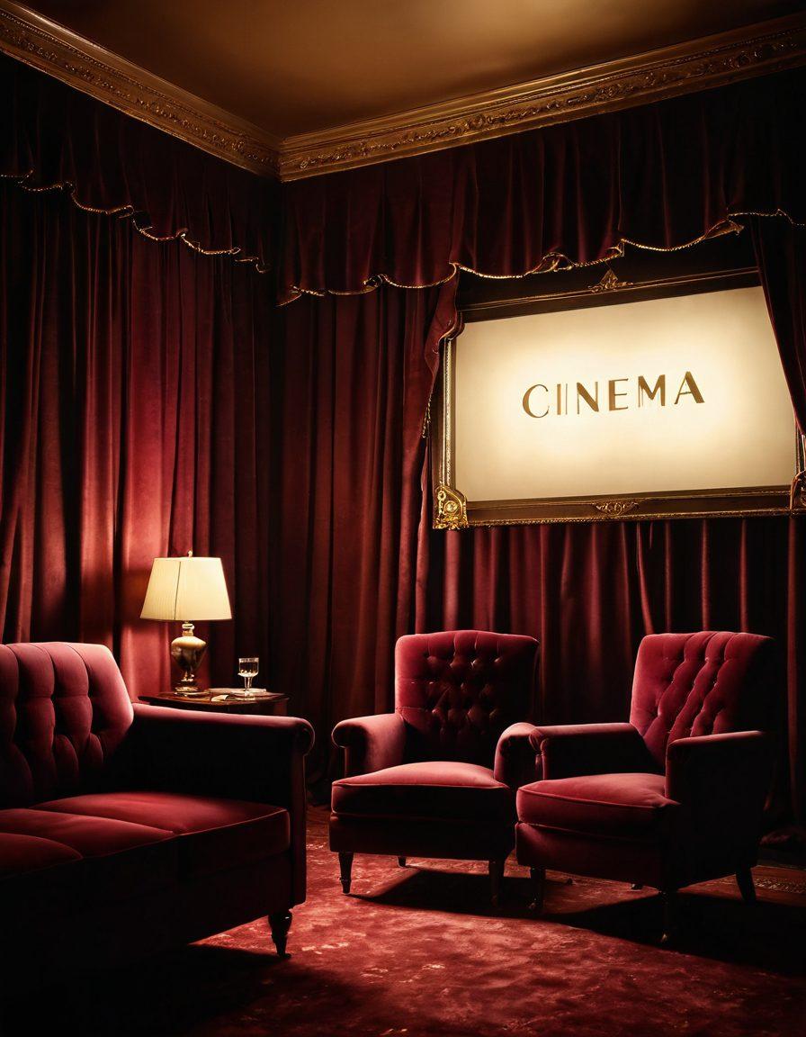 A sophisticated, elegant setting featuring a vintage cinema marquee glowing softly in warm lights, surrounded by velvet curtains and plush seating. An array of artistic and tasteful sensual silhouettes subtly blends into the background. This scene portrays intimacy and allure, perfect for an adult entertainment theme. The ambiance is inviting and chic. super-realistic. vibrant colors. soft focus.