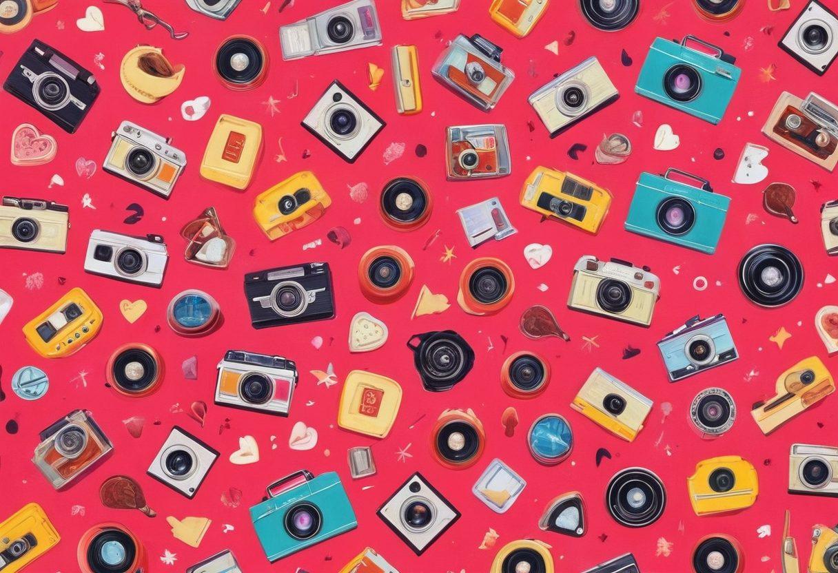 A vibrant collage showcasing the evolution of adult film genres, with playful illustrations of honeyporno, erotic art, and modern kink scenes. Blend classic film reels with contemporary digital elements, surrounded by playful icons of heart emojis, whips, and vintage movie cameras. Use a bold color palette with neon highlights to reflect the shift in entertainment styles. Capture a playful yet chic atmosphere that invites curiosity and exploration. super-realistic. vibrant colors. dynamic composition.