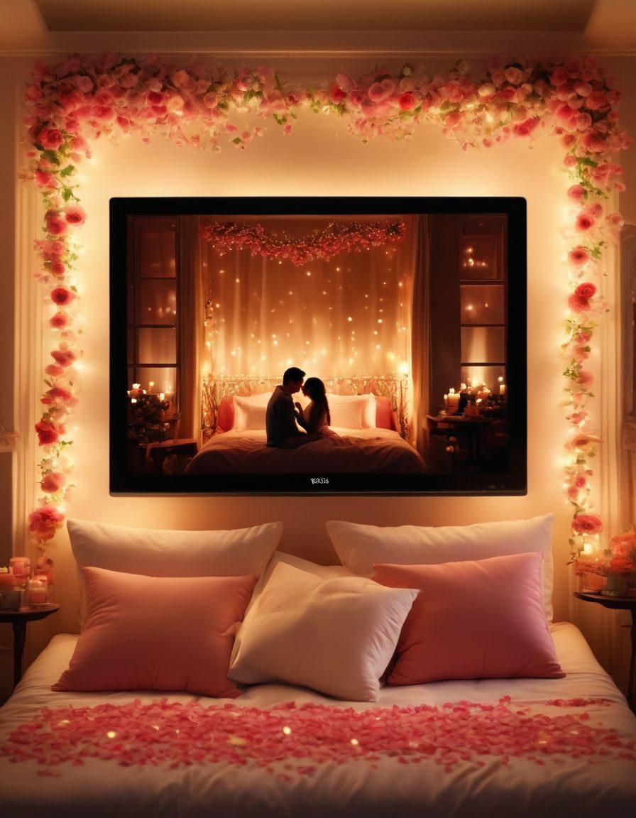 A cozy, intimate setting featuring a dimly lit room with soft candlelight and plush cushions. In the foreground, a screen displays romantic video scenes with silhouettes of couples enjoying precious moments together. Surrounding the scene are delicate rose petals and subtle hints of soft music notes in the air. The warm color palette evokes a feeling of love and connection. super-realistic. vibrant colors.